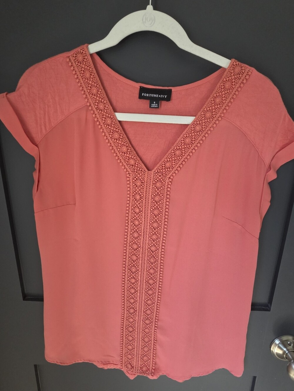 Fortune + Ivy Mixed Media Coral Blouse